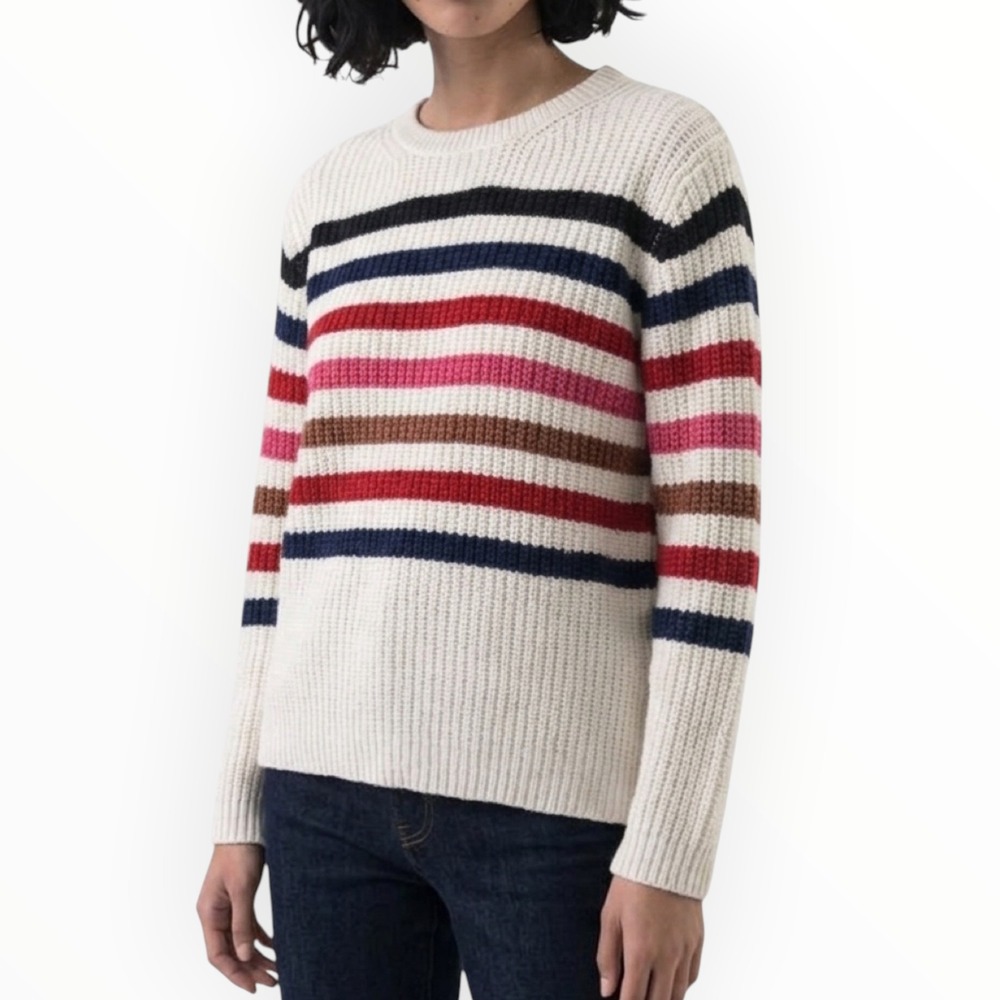 St. Johns Bay Sweater Womens Medium Beige Striped Crewneck Excellent Shaker Knit